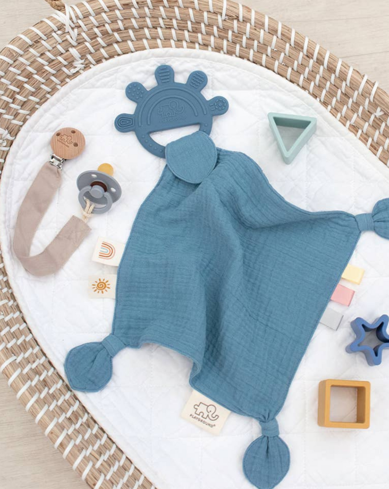 Silicone Muslin Comfort Teether - Steel Blue: Blue